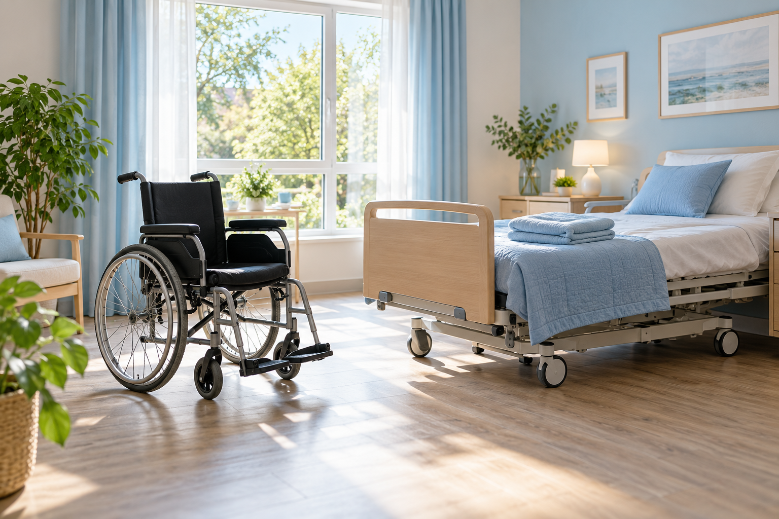Illustration d’un fauteuil roulant et d’un lit médicalisé dans une pièce lumineuse